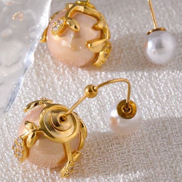 ❤️ Gold Plated Pearl & Flower Drop Earrings - Picture 2 of 8